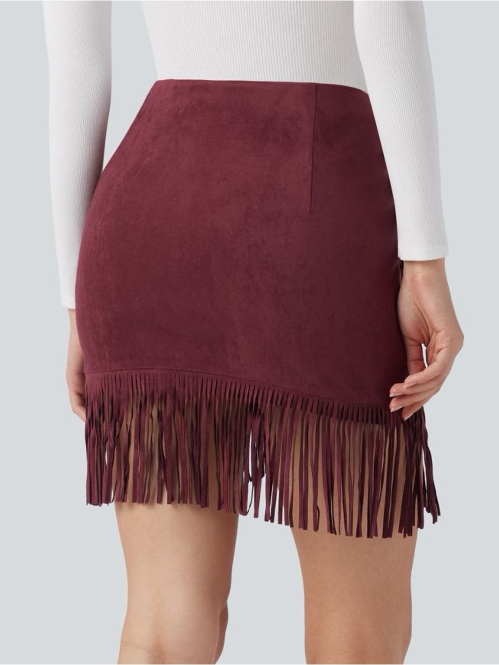 Halara High Waisted 2-in-1 Fringe Hem Bodycon Mini Suede Casual Skirt - Picture 2 of 5